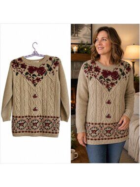 VNTG Chrysantheme Hand Knit Floral Cable Women's Sweater SZ M Ramie Cotton Cabin